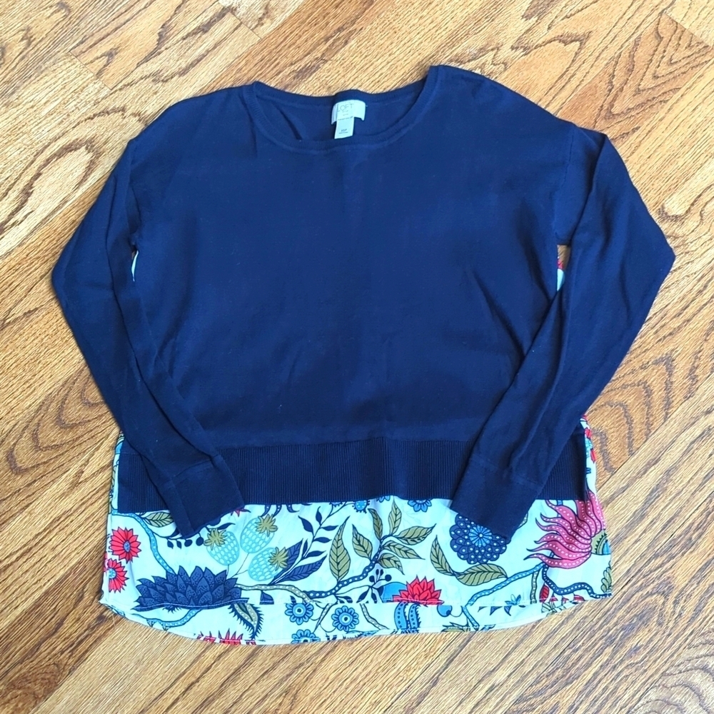 LOFT Knit Navy Front Floral Back Top Blouse Size XSP Long Sleeve